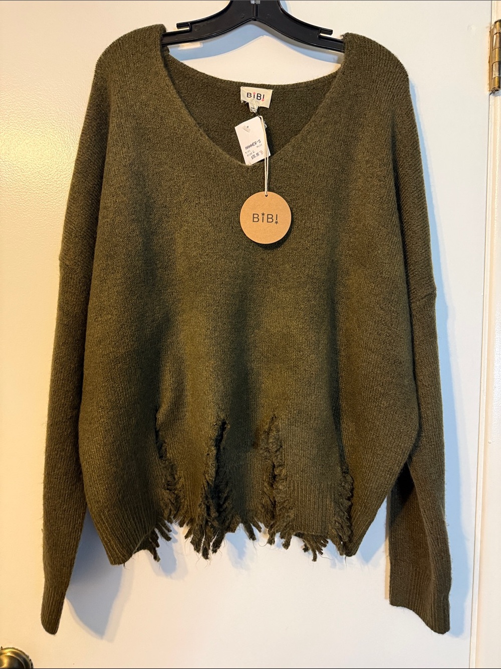 BiBi Olive V-Neck Distressed Knit Sweater